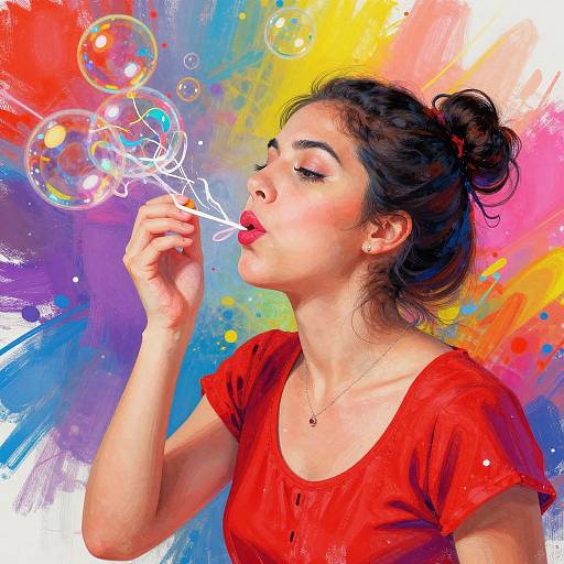 Photograph of a dark-haired woman in a red shirt blowing bubbles against a vibrant, abstract rainbow background with colorful splashes.