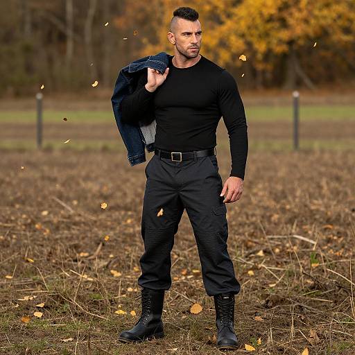 Photograph of a muscular, bearded man with short dark hair, wearing a black long-sleeve shirt, black pants, and boots, holding