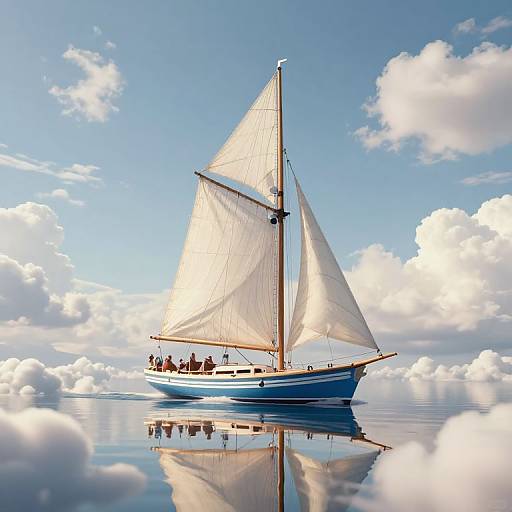 Photograph of a classic white-sailed sailboat with blue hull, reflected in calm water, under a bright blue sky with fluffy white clouds.