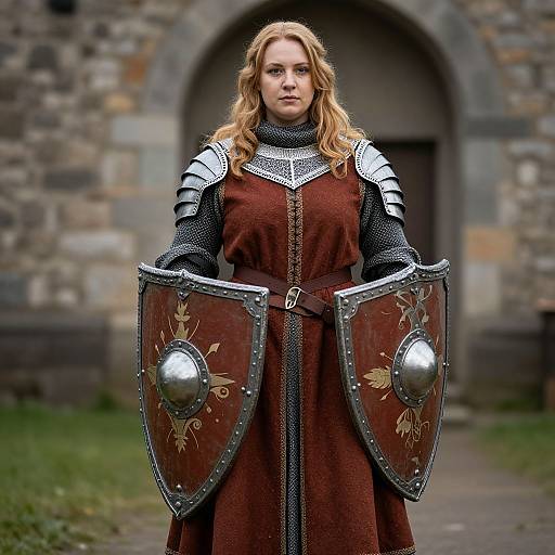 Photograph of a blonde, fair-skinned woman in medieval armor with a brown dress, holding two shielded shields, standing in front of a stone