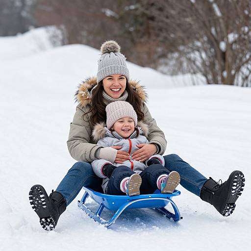 Photograph of a smiling mother and baby in winter clothes sledding together in a snowy outdoor landscape, both wearing white knit hats.