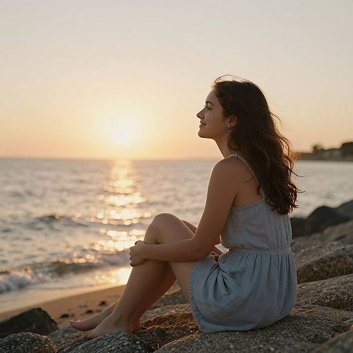 Photograph of a young woman with long brown hair, wearing a light blue sundress, sitting on rocky beach, gazing at a sunset over the
