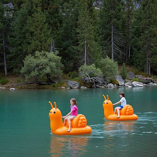 Children Riding Orange Snail Floats