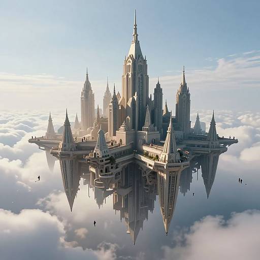 Digital artwork of a futuristic, floating, Neo-Gothic city with towering spires, reflecting in a cloud-covered sky. Sunlight illuminates the