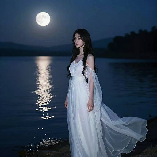 Mysterious Woman by Moonlit Lake