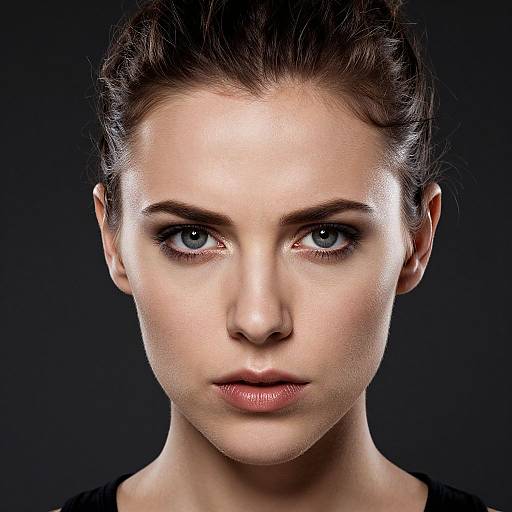 Close-up photograph of a young woman with fair skin, blue eyes, and dark brown hair, set against a black background. Her expression is serious and