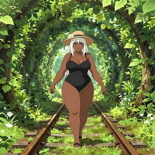 Digital anime-style illustration of a curvy, dark-skinned woman with white hair, wearing a black one-piece swimsuit and straw hat, walking down