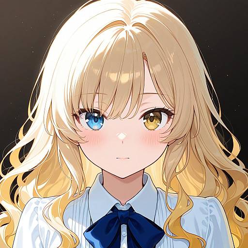 Digital anime-style portrait of a blonde girl with heterochromia (blue and yellow eyes), wearing a white blouse with a blue bow, against a