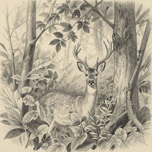 Monochrome pencil drawing of a deer with prominent antlers standing amidst dense forest foliage, with detailed leaves and trees.