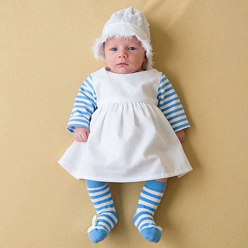 Photograph of a baby doll with white dress, blue and white striped shirt and leggings, blue shoes, and white hat, against a yellow background.