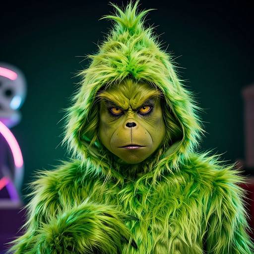 Photograph of a person in a vibrant, neon-green, furry ape costume with intense yellow eyes, set against a dark, neon-lit background.