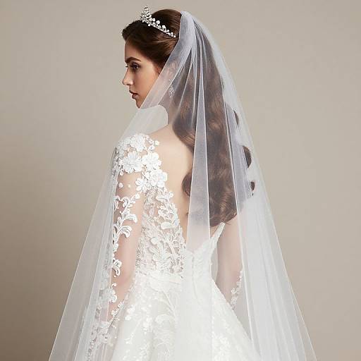 Photograph of a bride with long brown hair, wearing a white lace wedding dress and a sheer veil adorned with a silver tiara.