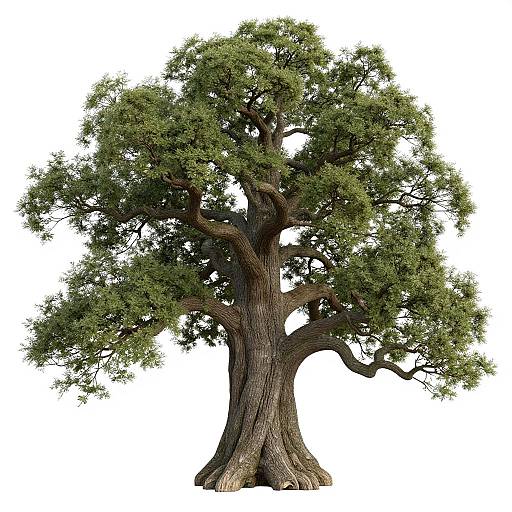 Photorealistic digital image of a large, majestic oak tree with a thick, gnarled trunk and dense, green foliage against a white background.