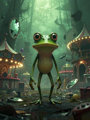 CGI image of a green frog with large red eyes standing in a dark, foggy carnival with lit-up booths and a clock.