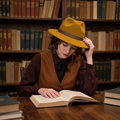 Photograph of a curly-haired woman in a brown vest and orange hat, reading a book in a library with wooden bookshelves.