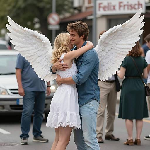 Emotional Embrace: Man and Angel on Street