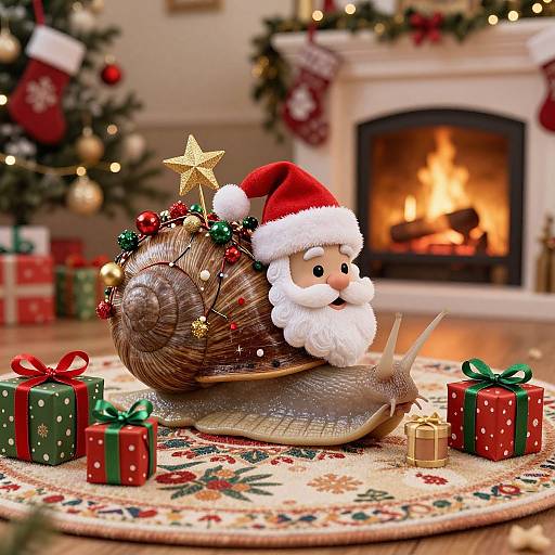 Photograph of a Christmas snail with a Santa hat and star, surrounded by festive gifts, on a decorated rug in front of a lit fireplace.