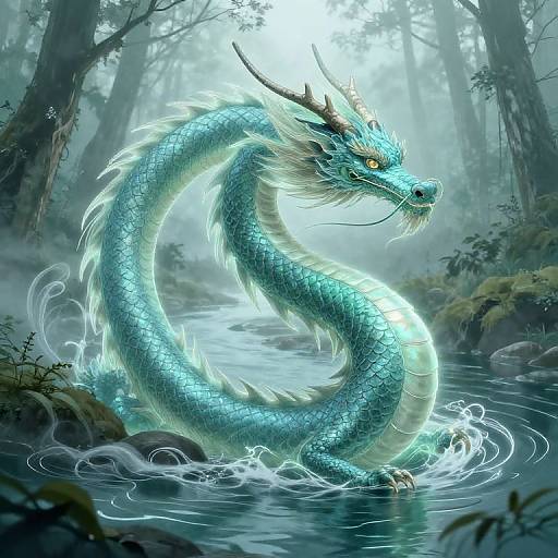Digital illustration of a glowing blue dragon with white accents and horns, coiled in a misty forest stream, surrounded by mossy rocks and dense trees