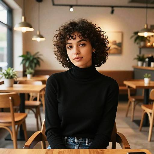 Photograph of a curly-haired woman with medium brown skin, wearing a black turtleneck and jeans, seated in a cozy, warmly-lit café