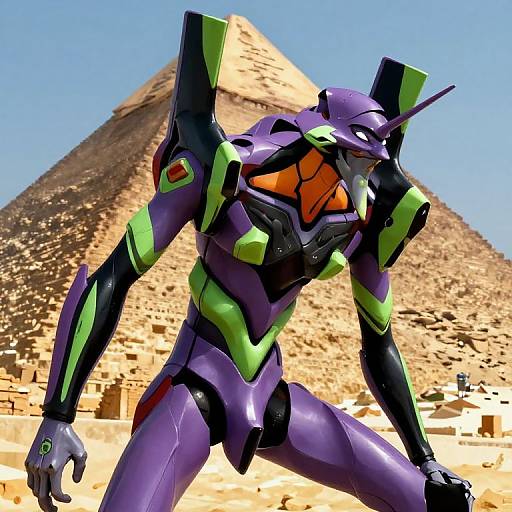 Digital rendering of a futuristic, purple and green mecha robot with orange chest plate, standing in front of a pyramidal desert landscape.