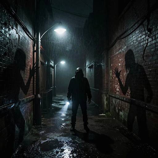 Photograph of a dark, rain-soaked alley with a silhouetted figure in a hooded jacket, backlit by three bright street lamps