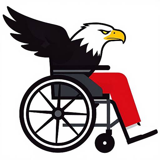 Illustration of a bald eagle in a wheelchair with black wings, white head, yellow beak, and red pants, set against a white background.