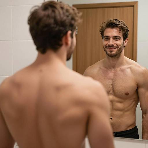 Shirtless man smiling in bathroom mirror