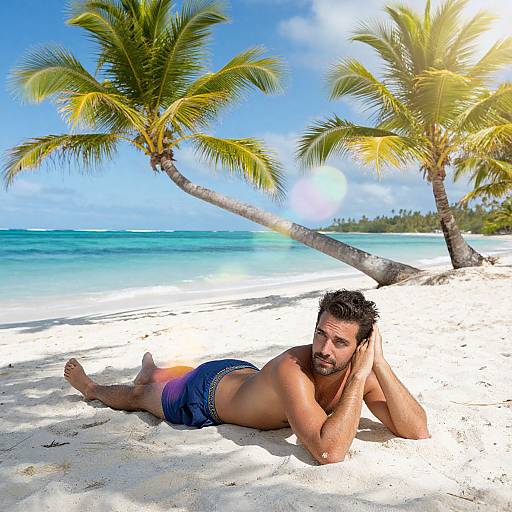 Photograph of a muscular, tan-skinned man with dark hair, wearing blue swim trunks, lying on a sunny tropical beach under two leaning palm