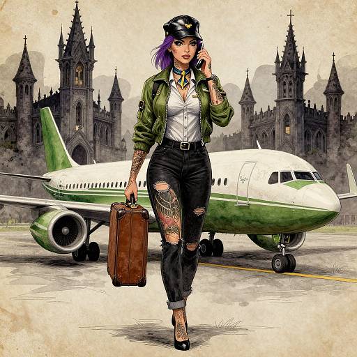 Tattooed Stewardess with Gothic Castle