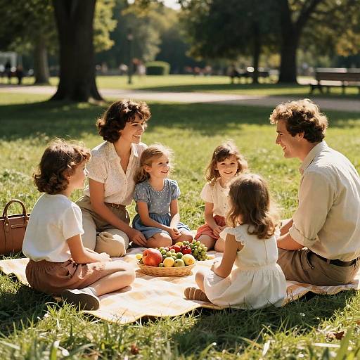 Joyful Family Picnic Vintage Photo