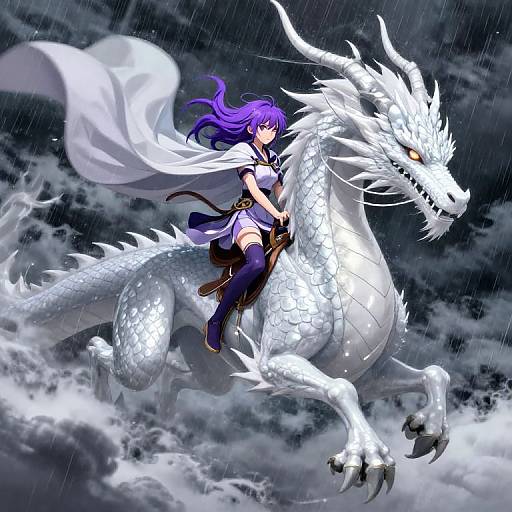Digital anime-style illustration of a purple-haired warrior riding a fierce, white dragon in a stormy, rain-filled sky. Dynamic, action-packed.