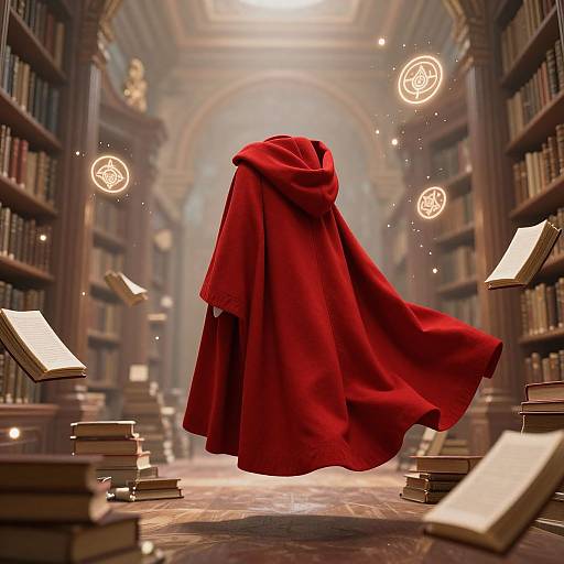 Photorealistic CGI of a floating red cloak in a mystical library with floating books, glowing orbs, and soft, warm lighting.