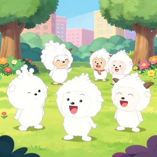 Colorful digital cartoon of six fluffy white sheep with small brown ears, smiling joyfully in a vibrant, sunny park with trees, flowers, and distant
