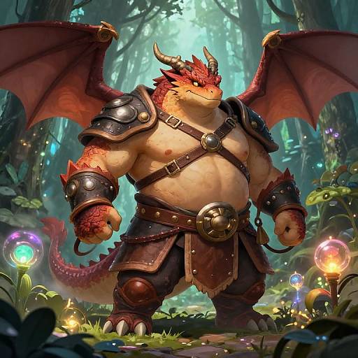 Digital artwork of a muscular, red-scaled, dragon warrior with large wings, wearing black armor and brown leather belt, standing in a magical forest with