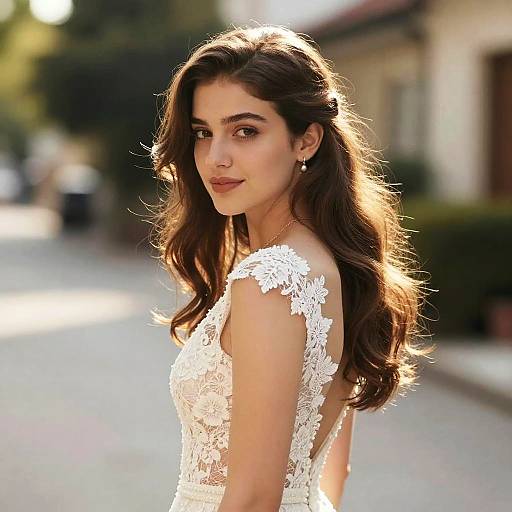 Photograph of a beautiful young woman with long, wavy brown hair, wearing a white lace wedding dress, standing on a sunlit street. Bl