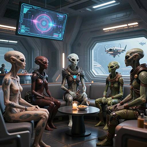 Photorealistic CGI of five alien beings with various skin tones and textures, seated in a futuristic spaceship lounge, illuminated by a holographic display and window