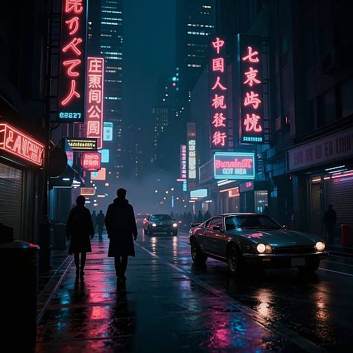 Neon-lit, rainy urban street at night; silhouetted people walk past glowing Japanese signs, reflecting off wet pavement; parked car ahead