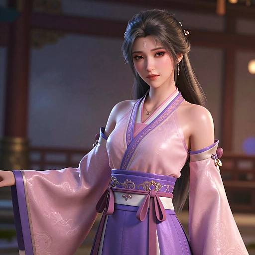 Digital art of an Asian woman in a pink and purple traditional Korean hanbok with floral embroidery, long black hair, and a serene expression, standing