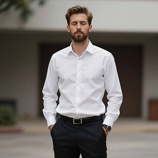 Photograph of a handsome, bearded man with short brown hair, wearing a crisp white shirt, black pants, and a black belt, standing confidently