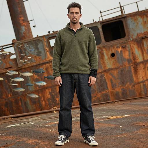 Photograph of a bearded man with short dark hair, wearing a green hoodie, dark jeans, and black sneakers, standing in front of a rusty