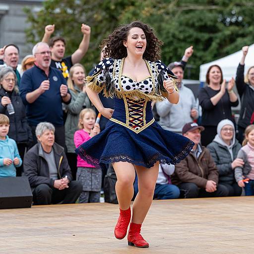 Photograph of a curly-haired woman with medium skin tone, wearing a blue and black spotted dress with gold trim, lace skirt, and red boots,