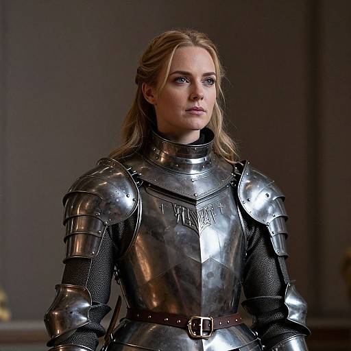 Photograph of a blonde woman in shiny, medieval-style silver armor with a brown belt, standing in a dimly lit room.