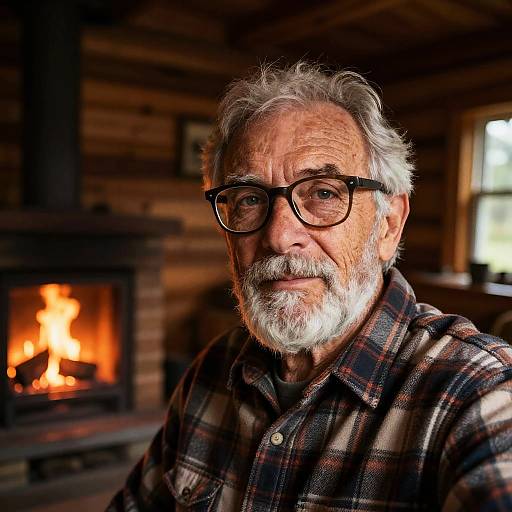 Photograph of an elderly white man with gray beard, glasses, and plaid shirt, standing in a warmly lit, wood-paneled cabin with a
