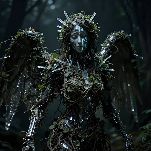 Photograph of a dark, metallic, winged forest creature with glowing eyes, adorned with vines, glass spikes, and leafy elements, set in