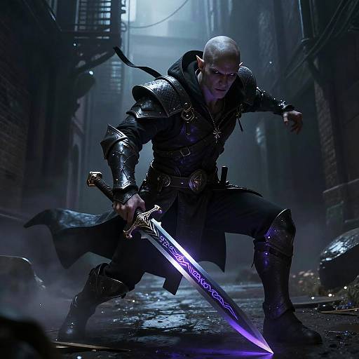 CGI fantasy image of a bald, muscular elf warrior in dark armor, wielding a glowing purple sword, poised in a misty, urban alleyway