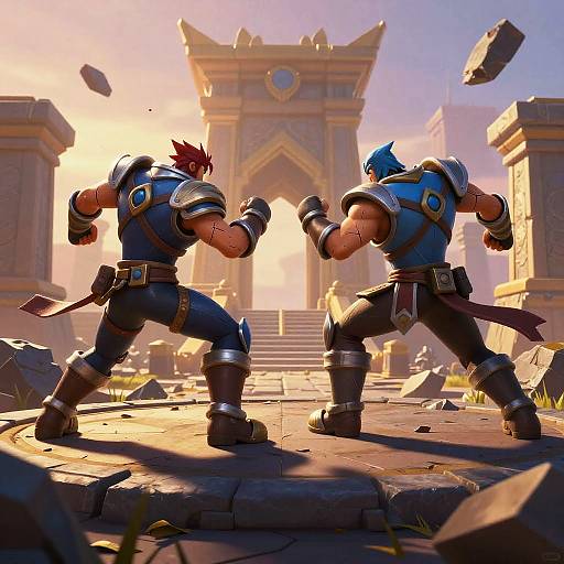 Digital artwork of two muscular warriors with red and blue spiky hair, facing off in a sunlit, ruined stone courtyard. Wearing armored gear,