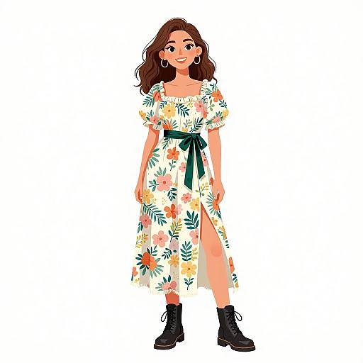 Digital illustration of a smiling woman with wavy brown hair, wearing a floral off-shoulder dress with a green ribbon, and black ankle boots,