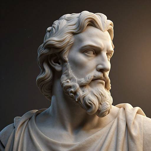Photorealistic digital sculpture of a bearded, wavy-haired male figure in classical style, gazing to the right, illuminated by soft light against