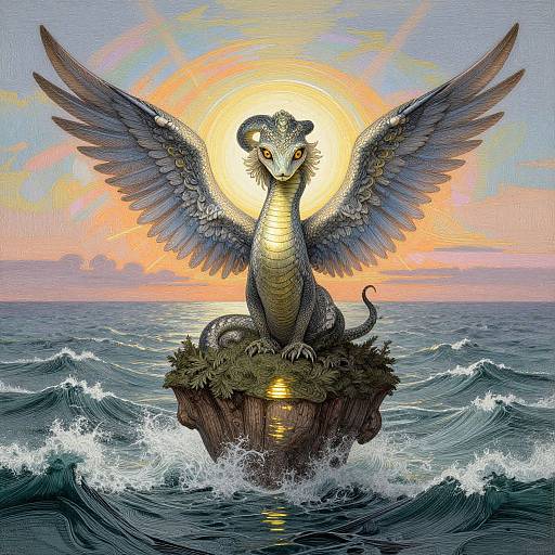 Digital art of a serpentine dragon with wings, sitting on a rock in the ocean during a sunset, wings spread wide.