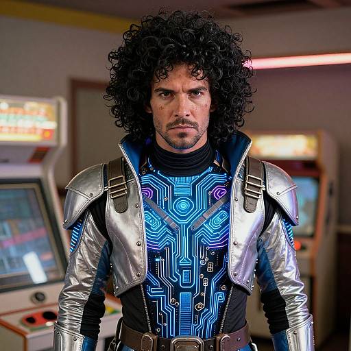 Photograph of a serious, curly-haired man with dark skin, wearing silver armor over a blue, circuit-patterned shirt, standing in a dimly